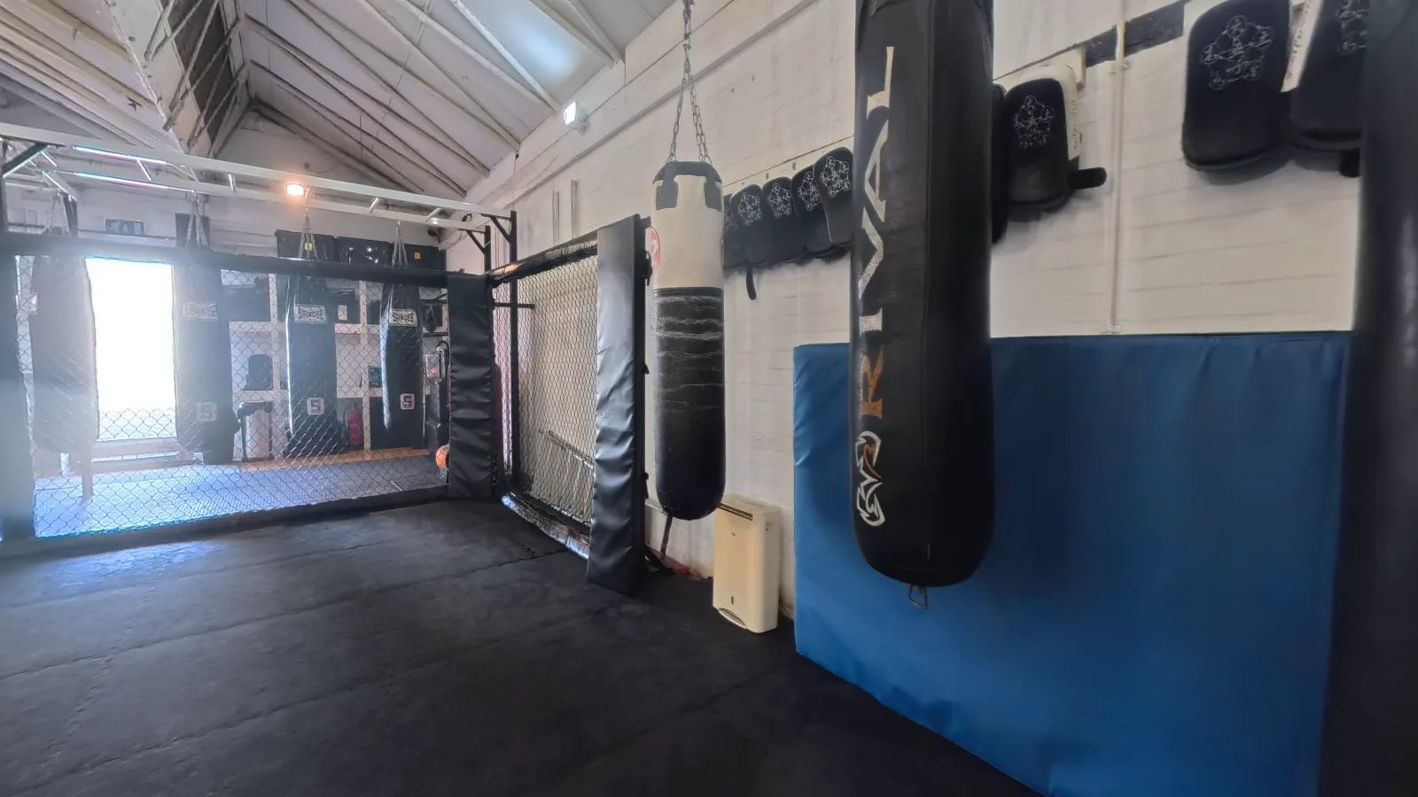 Inside the 5 Elements main hall: the MMA cage and the heavy bag row